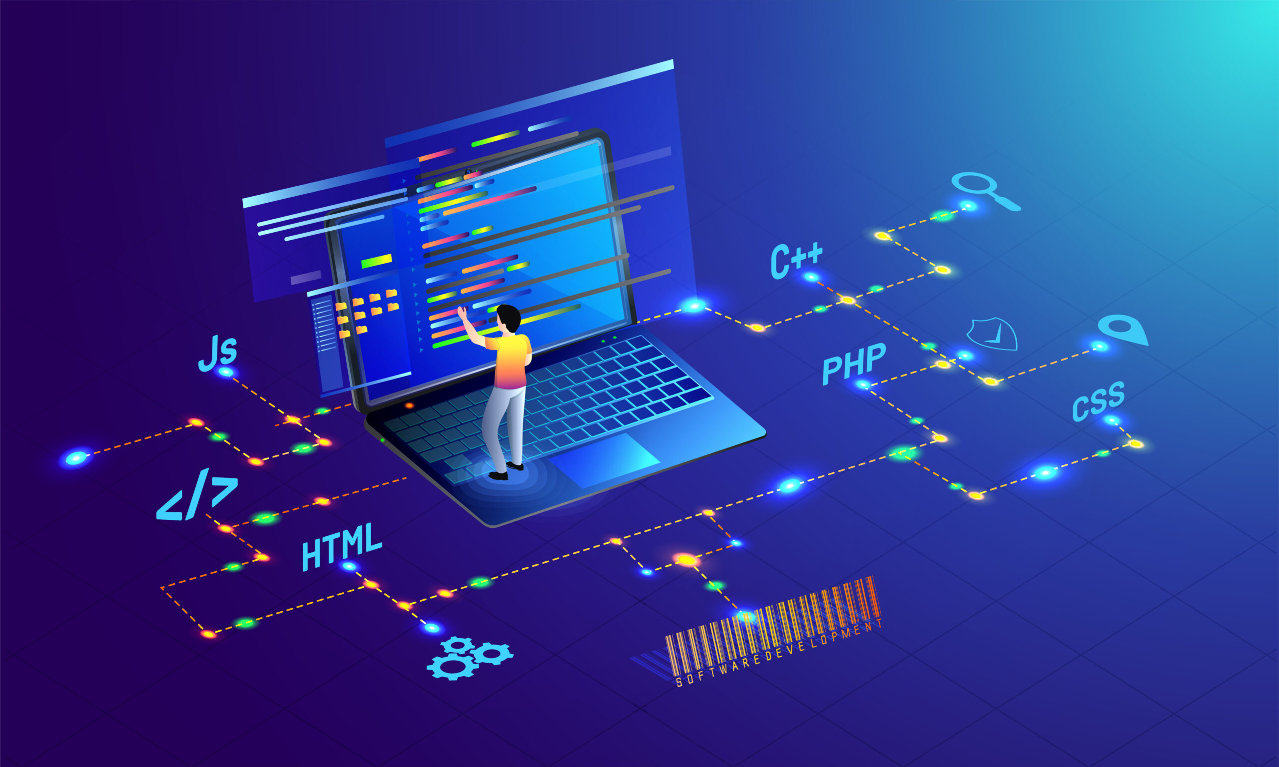 Analyst working on laptop, different programing languages with security bar code on glossy blue background for Web development concept.